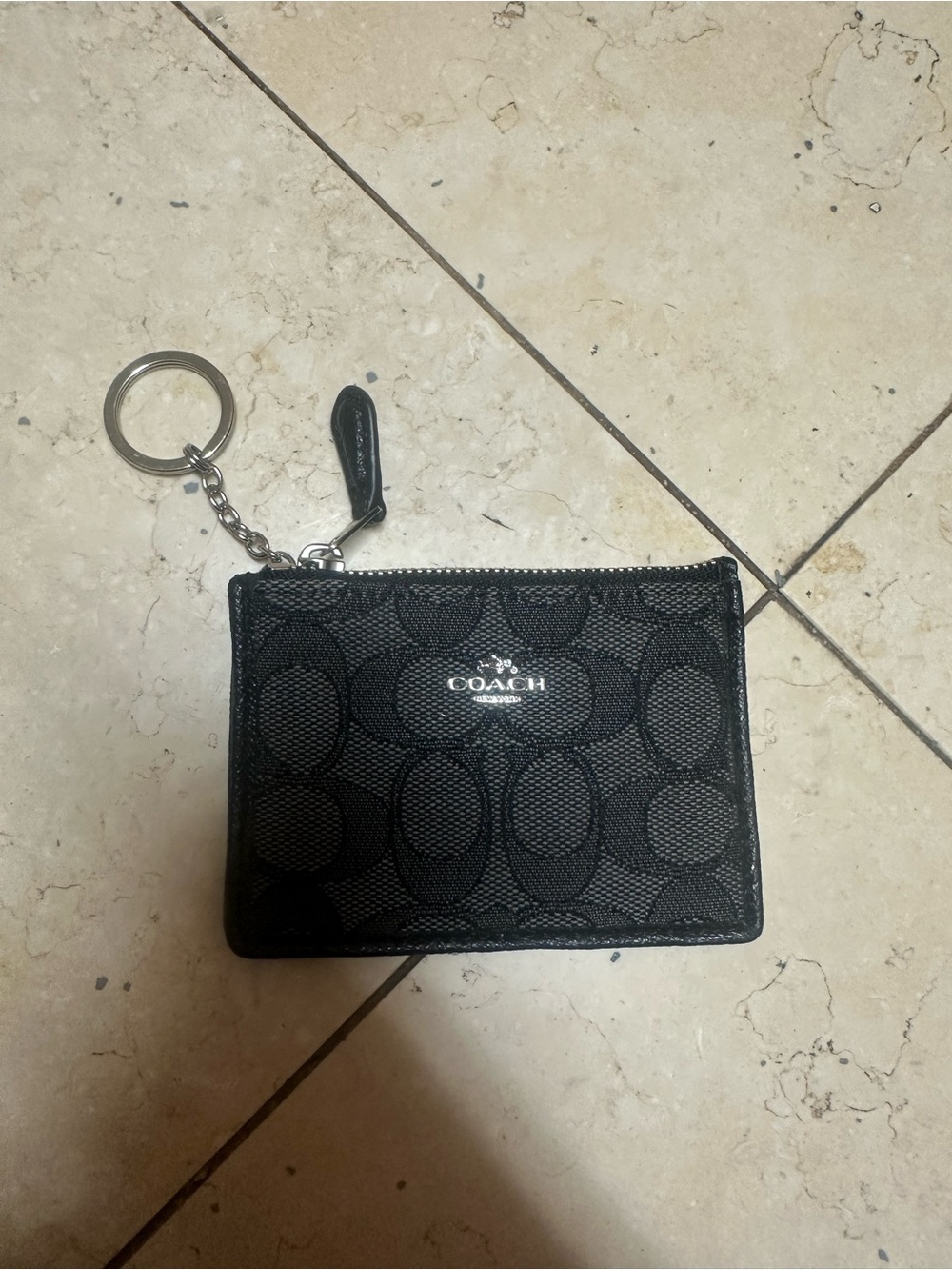 COACH Black Signature Logo Zip Card Case Wallet Coin Purse Keyring - Picture 3 of 4